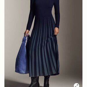 Anthropologie Mare Mare Navy Long-Sleeve Pleated Maxi SweaterDress
